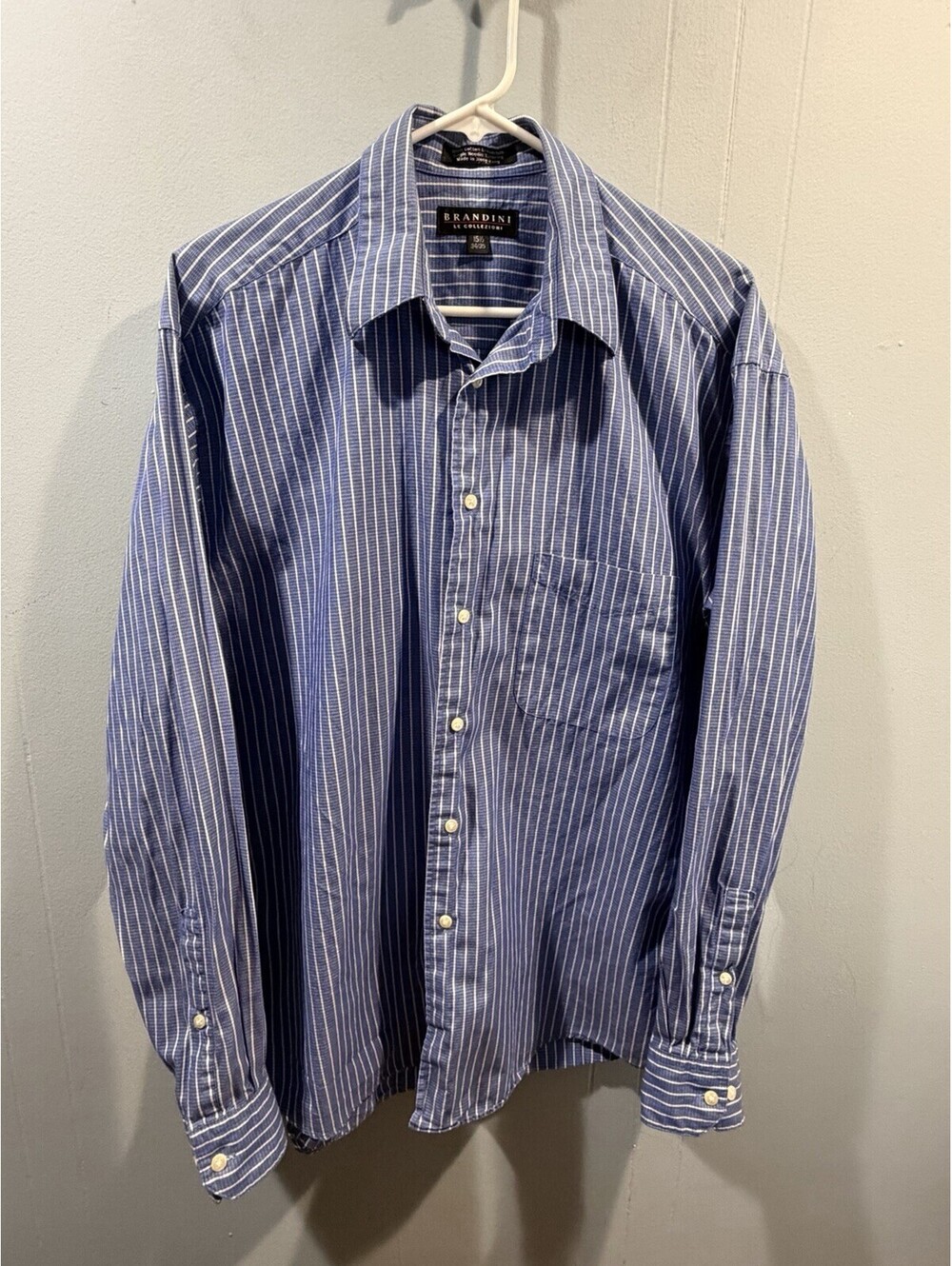 Mens Brandini Button Up Shirt Blue White Striped Size 15.5 (34/35)